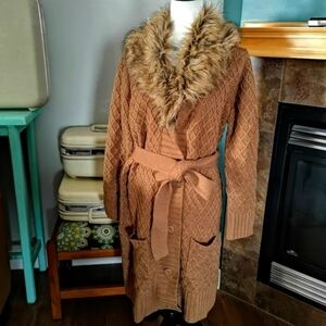 Cleo Petites Brown Knit Cardigan with Faux Fur Collar
